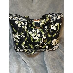 Vera Bradley Jasmine Toggle Tote Black White Floral Quilted Made USA
